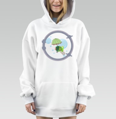 Зеленая рыба с зонтом у иллюминатора воды, Hoodie Mjhigh Dig, оверсайз, утепленная