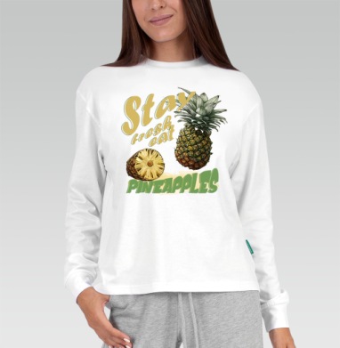 Свежий ананас с натуральной текстурой и надписями pineapples, Футболка лонгслив женская белая