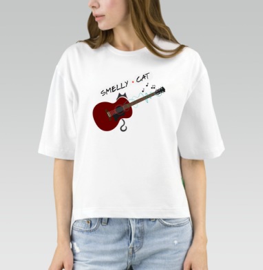 Бордовая гитара с черным котом и музыкальными нотами Smelly Cat, Футболка женская оверсайз Mido