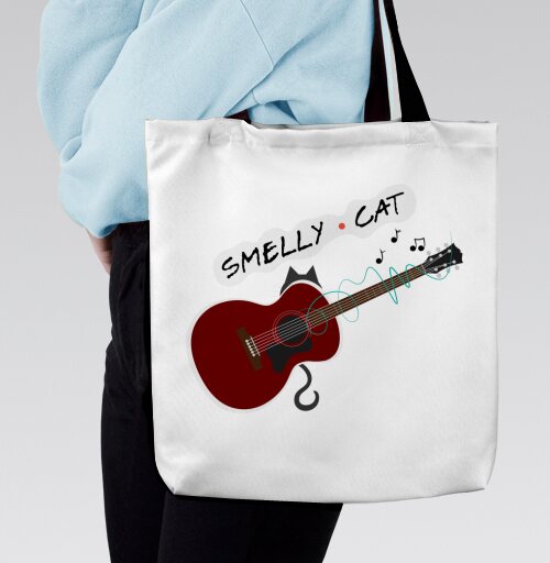 Бордовая гитара с черным котом и музыкальными нотами Smelly Cat, Сумка с ручкой и внутренним карманом на молнии