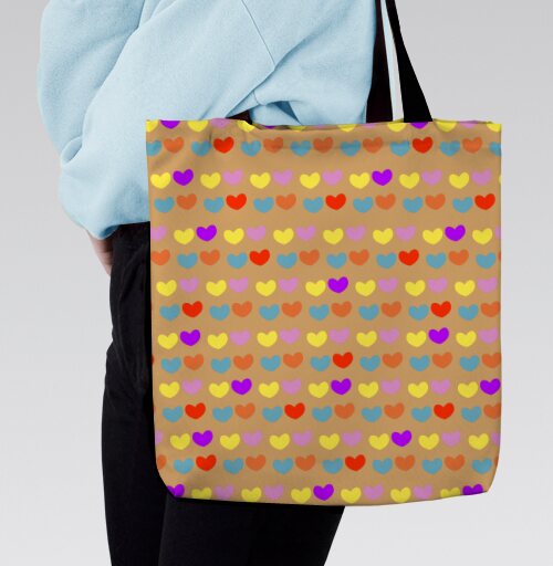 Яркие сердечки на бежевом фоне для уютных вещей, Сумка с ручкой и внутренним карманом на молнии