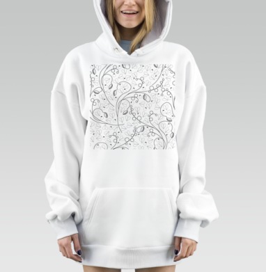 Черно серые плавно изгибающиеся листья ягоды, Hoodie Mjhigh Dig, оверсайз, утепленная