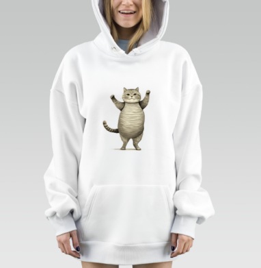Веселый толстый кот с поднятыми лапками для настроения, Hoodie Mjhigh Dig, оверсайз, утепленная