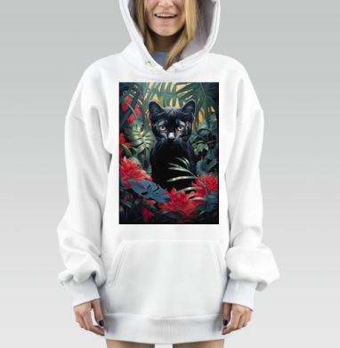 Чёрный кот в зелёных джунглях красных цветов, Hoodie Mjhigh Dig, оверсайз, утепленная