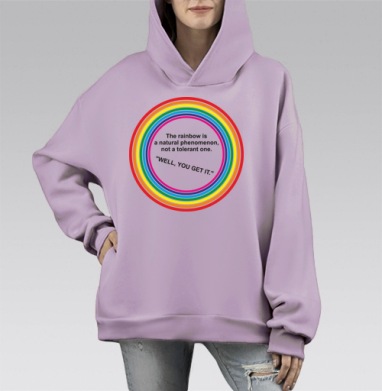 Яркие кольцевые радужные полосы с ироничной надписью нательно, Hoodie Mono Fiolet, оверсайз, утепленная