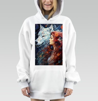 Девушка с волком красные волосы и ночное небо, Hoodie Mjhigh Dig, оверсайз, утепленная