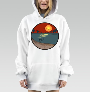 Закат над тихой водой лодка на берегу уединение, Hoodie Mjhigh Dig, оверсайз, утепленная