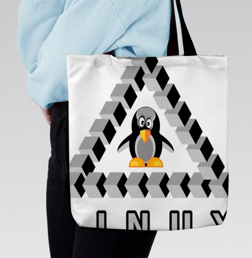 Пингвин на треугольнике Пенроуза с надписью Linux Линукс - Магазин футболок Wladimir. Дизайнерские принты.