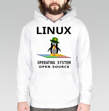 Пингвин в зеленой шляпе на фоне Linux операционная система open source, Толстовка белая Regular, утепленная