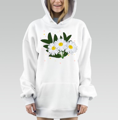 Белые ромашки с зелеными листьями на черном фоне, Hoodie Mjhigh Dig, оверсайз, утепленная