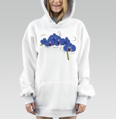 Ветка синей орхидеи с красным центром и зелеными стеблями, Hoodie Mjhigh Dig, оверсайз, утепленная
