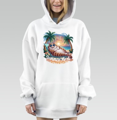 Кот отдых лето пляж солнечные очки, Hoodie Mjhigh Dig, оверсайз, утепленная