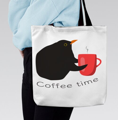 Черный дрозд с красной кружкой время кофе Coffee time - Магазин футболок Alexiia - Дизайнерские принты