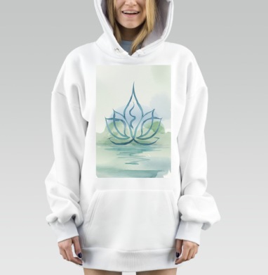Стилизованный лотос на воде в акварели умиротворение красота природы, Hoodie Mjhigh Dig, оверсайз, утепленная