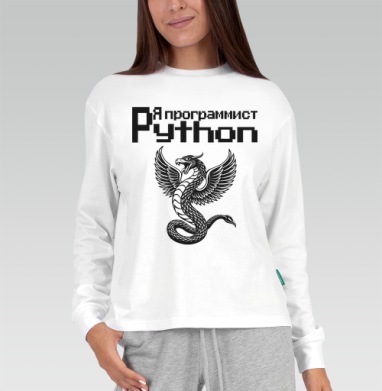 Мощный монохромный крылатый змей символизирует программист Python принт, Футболка лонгслив женская белая