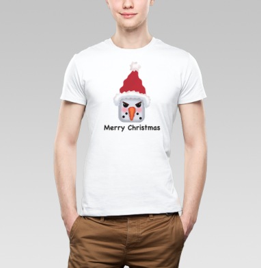 Агрессивный снеговик с красной шапкой и надписью Merry Christmas, Футболка мужская Base белая