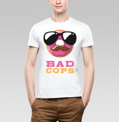 Стилизованный принт BAD COPS с пончиком и усами, Футболка мужская Base белая