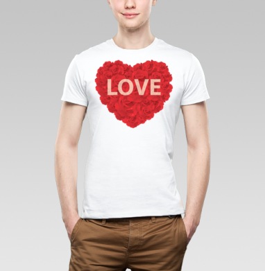 Красное сердце из роз с надписью LOVE, Футболка мужская Base белая