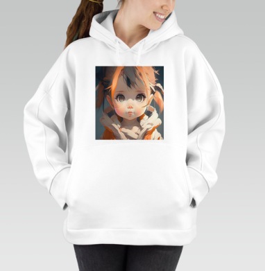 Малышка с большими глазами и трогательным выражением лица, Толстовка / Женская/ Оверсайз / Начес / Белая / C принтом