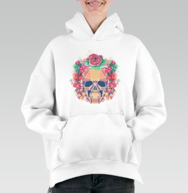 Polygonal human skull and watercolor wreath.Los muertos. - Худи оверсайз белые купить в Москве | Женские худи оверсайз с принтом на заказ, страница 6