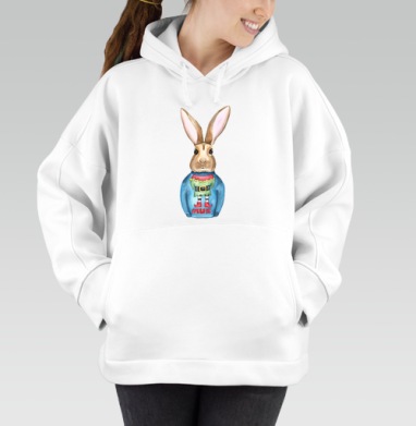 Кролик в праздничном свитере с эльфом #ELFIE, Толстовка / Женская/ Оверсайз / Начес / Белая / C принтом