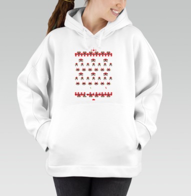 Space invaders a la rus / Космические захватчики а-ля рус, Толстовка / Женская/ Оверсайз / Начес / Белая / C принтом