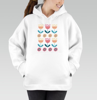 Скандинавский стиль: яркий цветочный паттерн, Толстовка / Женская/ Оверсайз / Начес / Белая / C принтом
