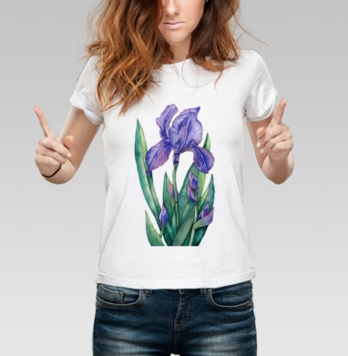 Акварельный синий фиолетовый ирис с зелеными листьями, Футболка женская белая 180гр