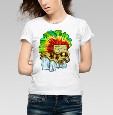 Магический череп с пёстрым головным убором, Футболка женская белая 180гр