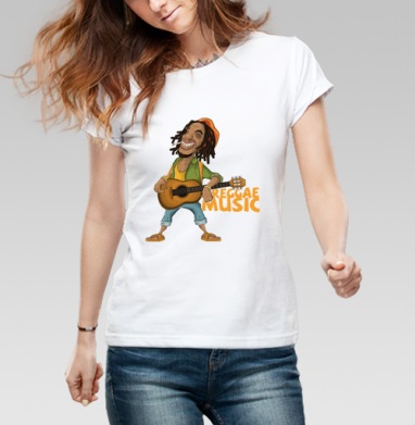 Веселый растаман с гитарой в яркой одежде REGGAE MUSIC Регги-музыка, Футболка женская белая 180гр