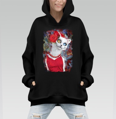 Кошка Дня Мертвых в красном платье - Hoodie Mono, черная, оверсайз, утепленная, страница 3