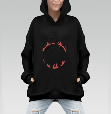 Опасная любовь: гимнастка и тигр в огненном круге - Hoodie Mono, черная, оверсайз, утепленная, страница 3