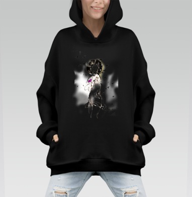 Парящая женщина с птицами и фиолетовой бабочкой - Hoodie Mono, черная, оверсайз, утепленная, страница 7