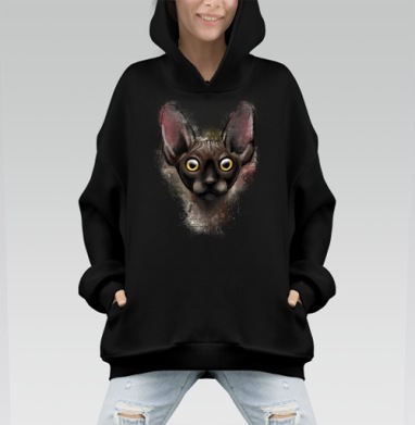 Стильный портрет кошки сфинкс в винтажном стиле - Hoodie Mono, черная, оверсайз, утепленная, страница 5