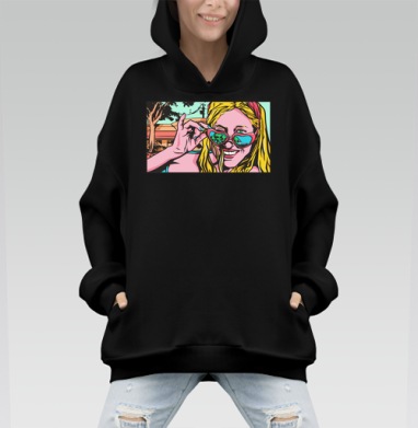 Игривый взгляд с очками-сердечками и инопланетянами - Hoodie Mono, черная, оверсайз, утепленная, страница 2