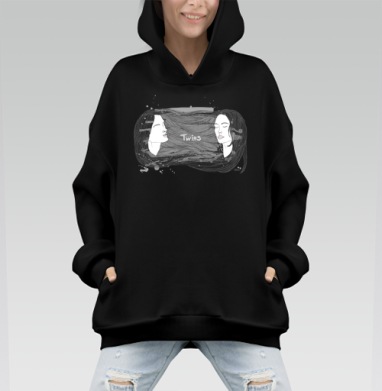 Близнецы с переплетёнными волосами на сером фоне - Hoodie Mono, черная, оверсайз, утепленная, страница 7