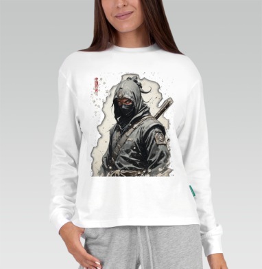 Воин-ниндзя в тёмных одеждах, загадочный, суровый, Футболка лонгслив женская белая