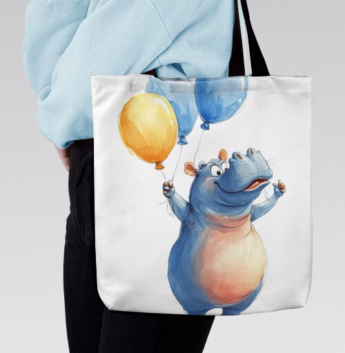 Watercolor Blue Hippo with Balloons / Акварельный бегемот с шариками, Сумка с ручкой и внутренним карманом на молнии
