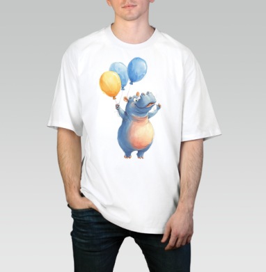 Watercolor Blue Hippo with Balloons / Акварельный бегемот с шариками, Футболка / Мужчинам / Оверсайз / Белая / C принтом