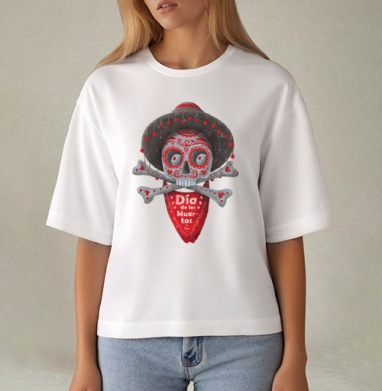 Череп с сомбреро Día de los Muertos яркий арт, Футболка женская оверсайз Mido