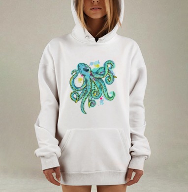 Яркий осьминог с неоновыми пятнами краски, Hoodie Mjhigh Dig, оверсайз, утепленная
