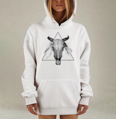 Стилизованный череп буйвола с перьями и треугольником, Hoodie Mjhigh Dig, оверсайз, утепленная