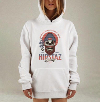 Череп хипстер с трубкой и бородой для одежды street wear, Hoodie Mjhigh Dig, оверсайз, утепленная