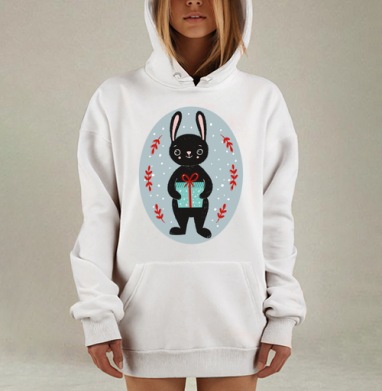 Чёрный кролик с праздничным подарком — зимняя сказка, Hoodie Mjhigh Dig, оверсайз, утепленная