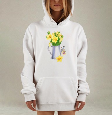 Весенняя композиция: желтые нарциссы в лейке с сердцем, Hoodie Mjhigh Dig, оверсайз, утепленная