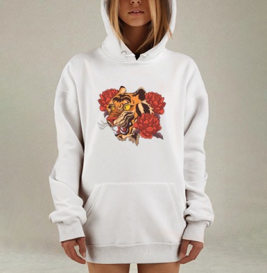 Яростный тигр с красными цветами – символ силы и красоты, Hoodie Mjhigh Dig, оверсайз, утепленная