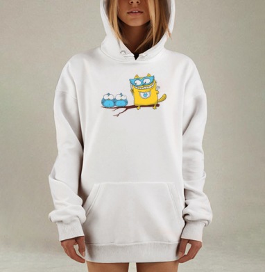 Yellow Superhero Cat / Желтый супергерой кот угрожает маленьким синим птичкам, Hoodie Mjhigh Dig, оверсайз, утепленная
