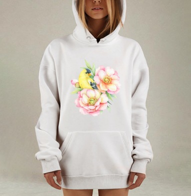 Нежная птица среди розовых цветов, Hoodie Mjhigh Dig, оверсайз, утепленная