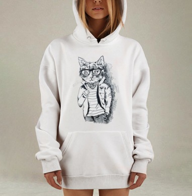 Стильный хипстерский кот в черно-белом рисунке, Hoodie Mjhigh Dig, оверсайз, утепленная