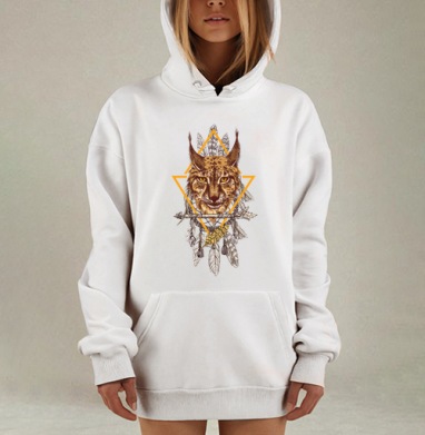 Рысь в геометрии с ловцом снов – символ силы и защиты, Hoodie Mjhigh Dig, оверсайз, утепленная